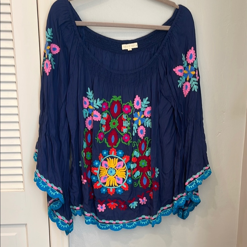 Ruby Yaya brand blue floral embroidered top, size S.